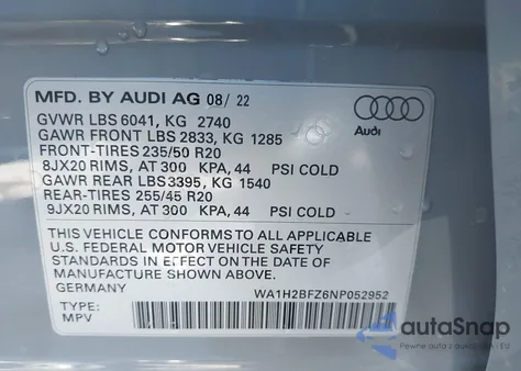 2022 Audi Q4 E-Tron Premium Plus 50 Quattro из США, поврежденный, VIN WA1H2BFZ6NP052952